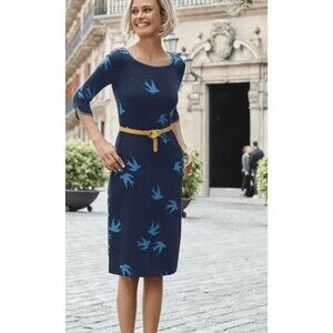 Boden Dress Womens 12 Jessie Swallow Semi Fitted Jersey Midi Bird Navy Stretch